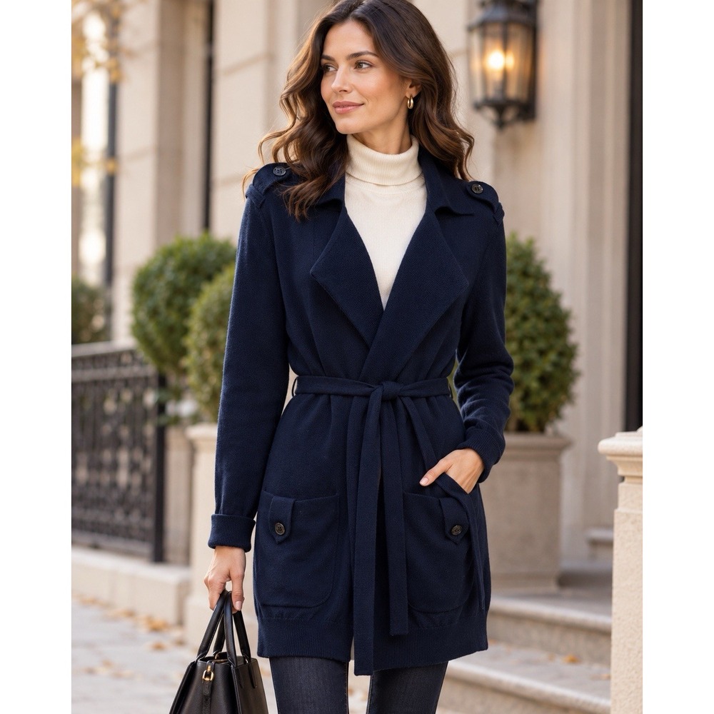 Merino Wool Belted Sweater Coat Navy Trench Cardigan XL Banana Republic
